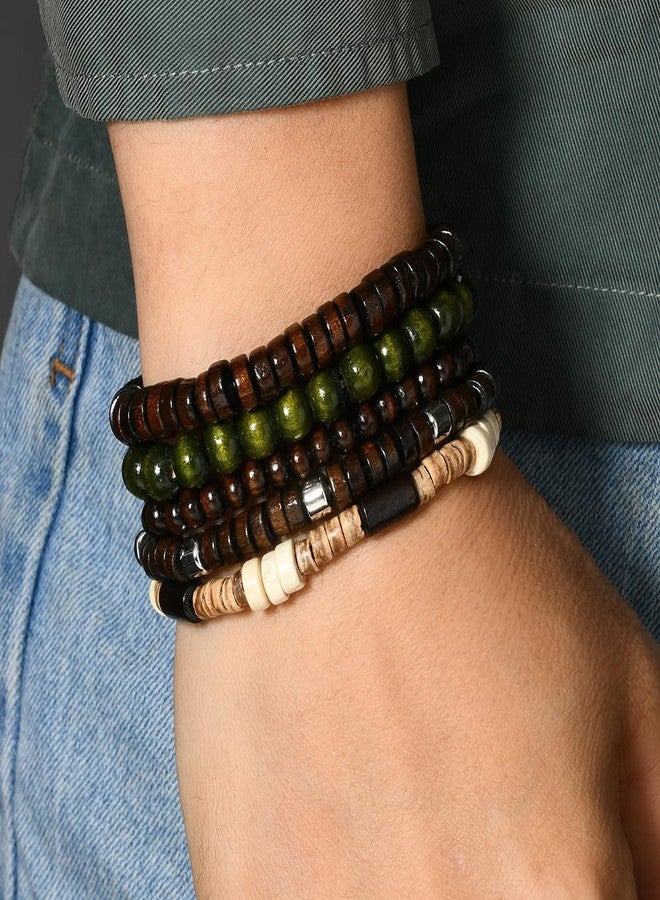 VKSG 5pcs Wooden Bead Bracelet Set For Men & Women - Stackable Boho Bracelets, Adjustable Grunge Wristbands-Funky Style, Father'S Day, Mother'S Day, Christmas, Birthdays, Thanksgiving Bracelets Gifts - Image 2